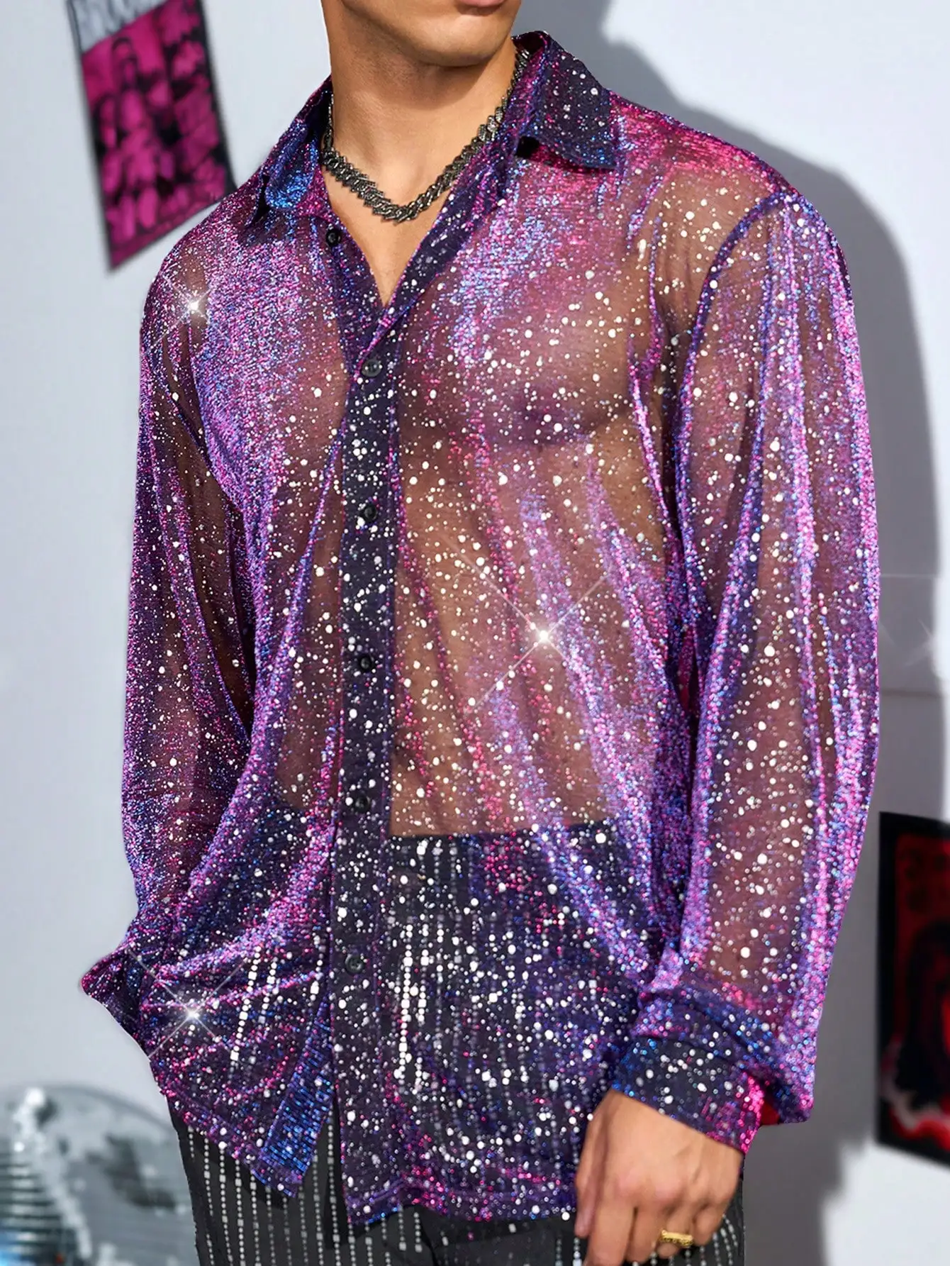 

Men's Sheer Sequin Long Sleeve Shirt - Loose Fit Party Blouse with Glitter Stars