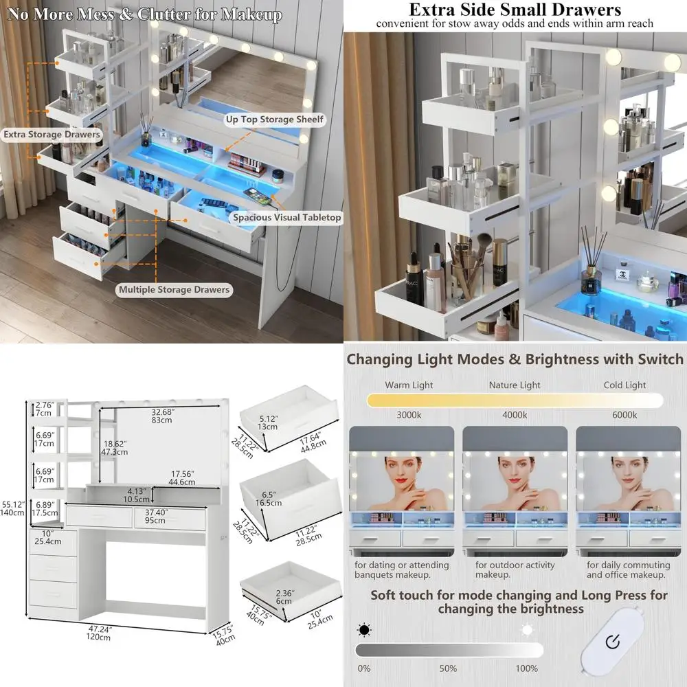 

Lighted Makeup Vanity Desk with Glass Top, 8 Drawers, Power Outlets, RGB Lighting, Ideal for Women & Girls (Stool Not Included)