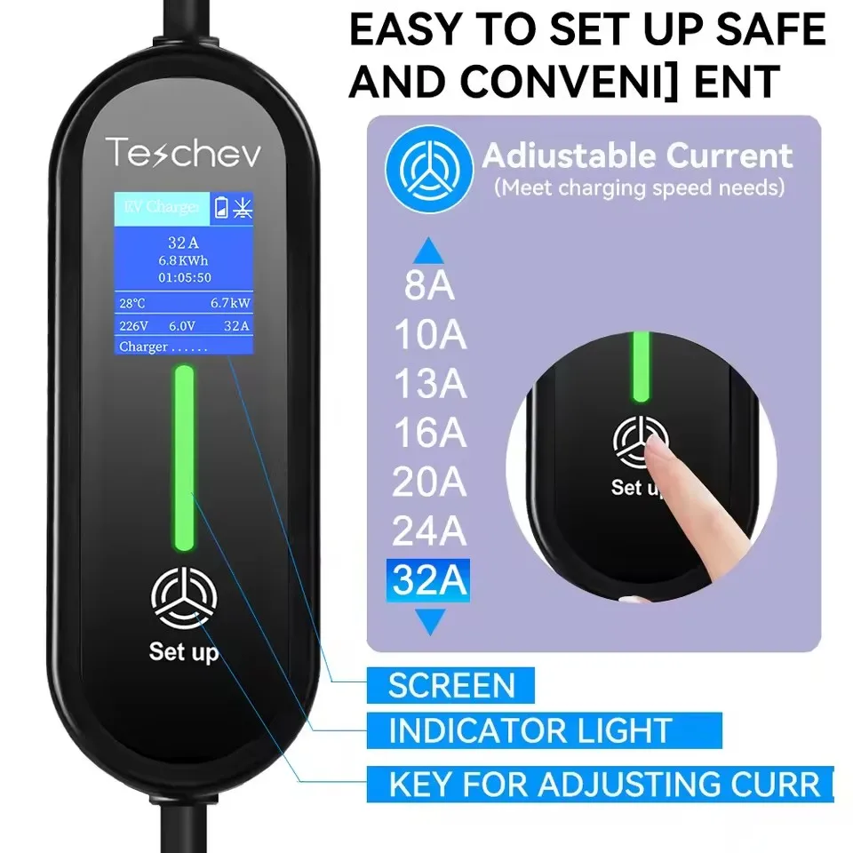 Teschev نوع 1 شاحن سيارات كهربائية محمول 7KW 32A 1 المرحلة Wallbox GBT EVSE كابل شحن سريع CEE التوصيل محطة شحن منزلية كهربائية