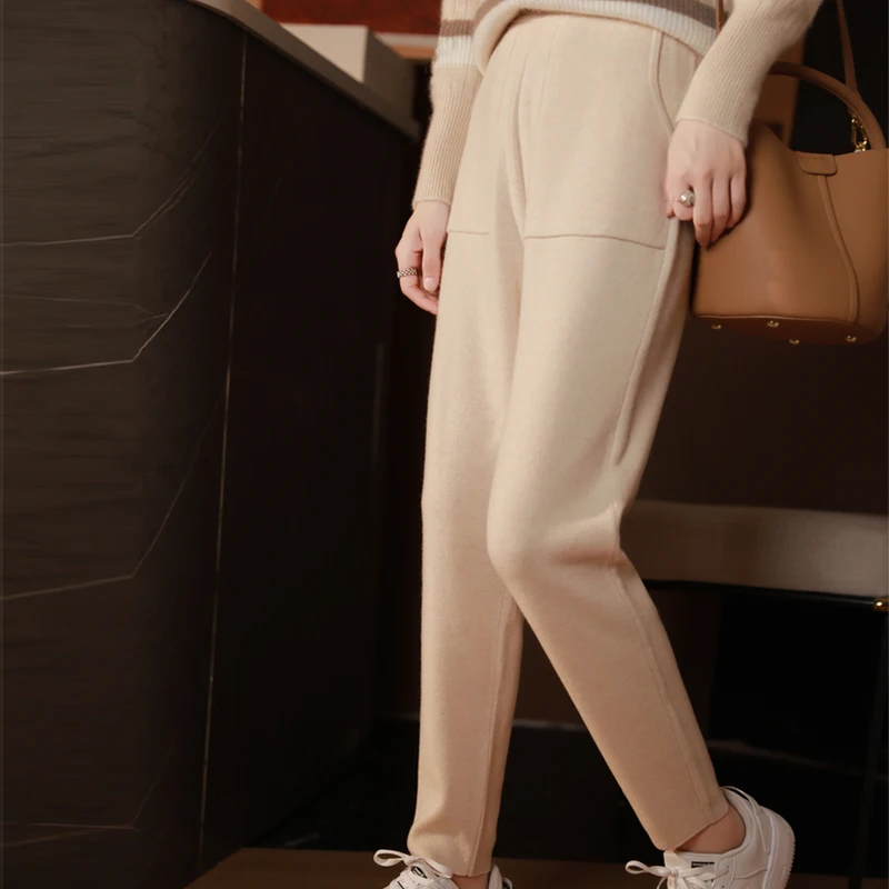 Women 100% Merino Wool Pencil Pants Autumn Winter Cashmere Knit High Waist Pants Simple Style Slimming Legs Trousers with Pocket