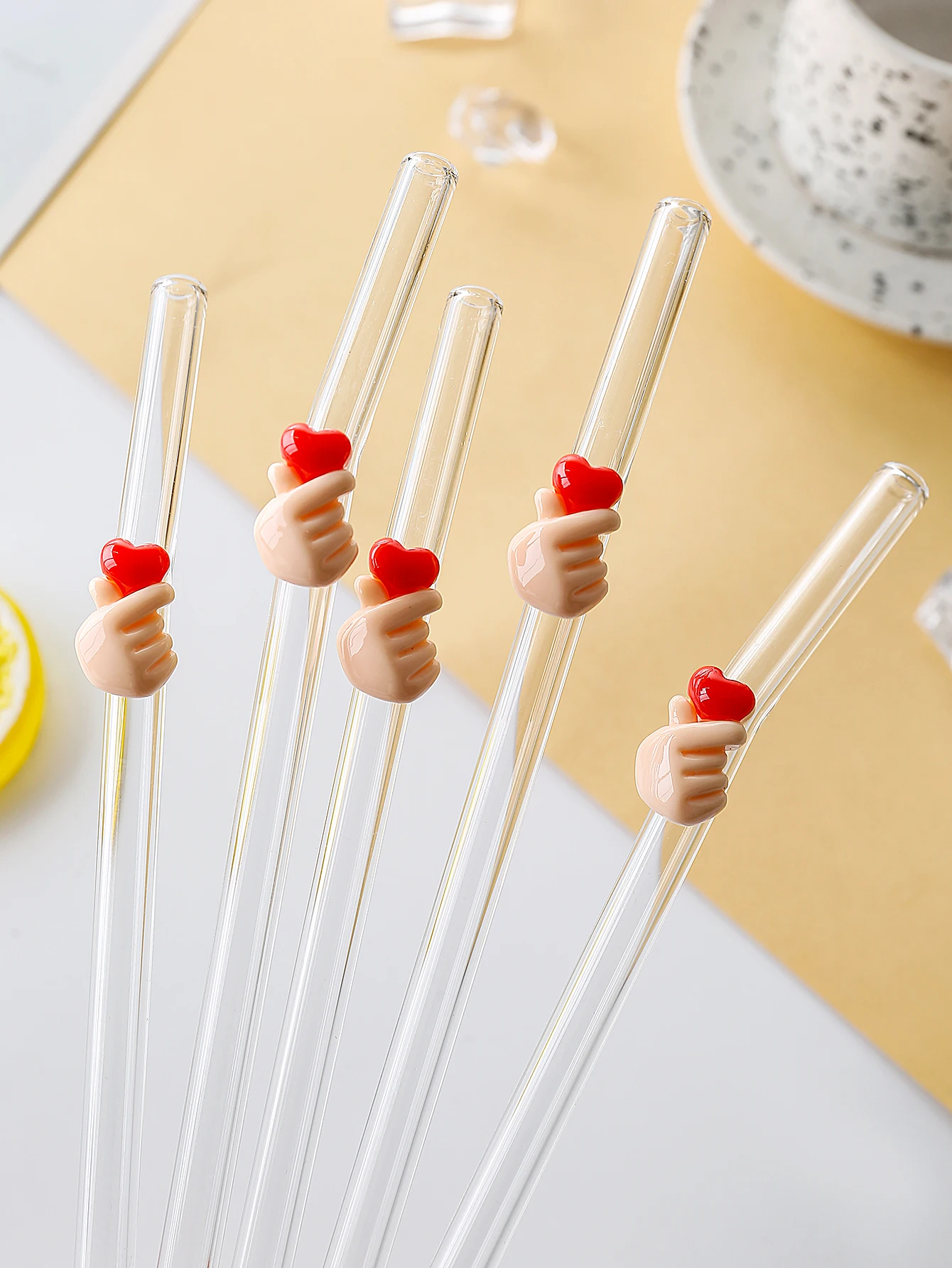 Pajita de Vidrio Curvada Decorada con Corazones, para Bebidas Frías y Calientes, Batidos, Cócteles, Esencial para Bares y Restaurantes, Regalo para el Día de San Valentín