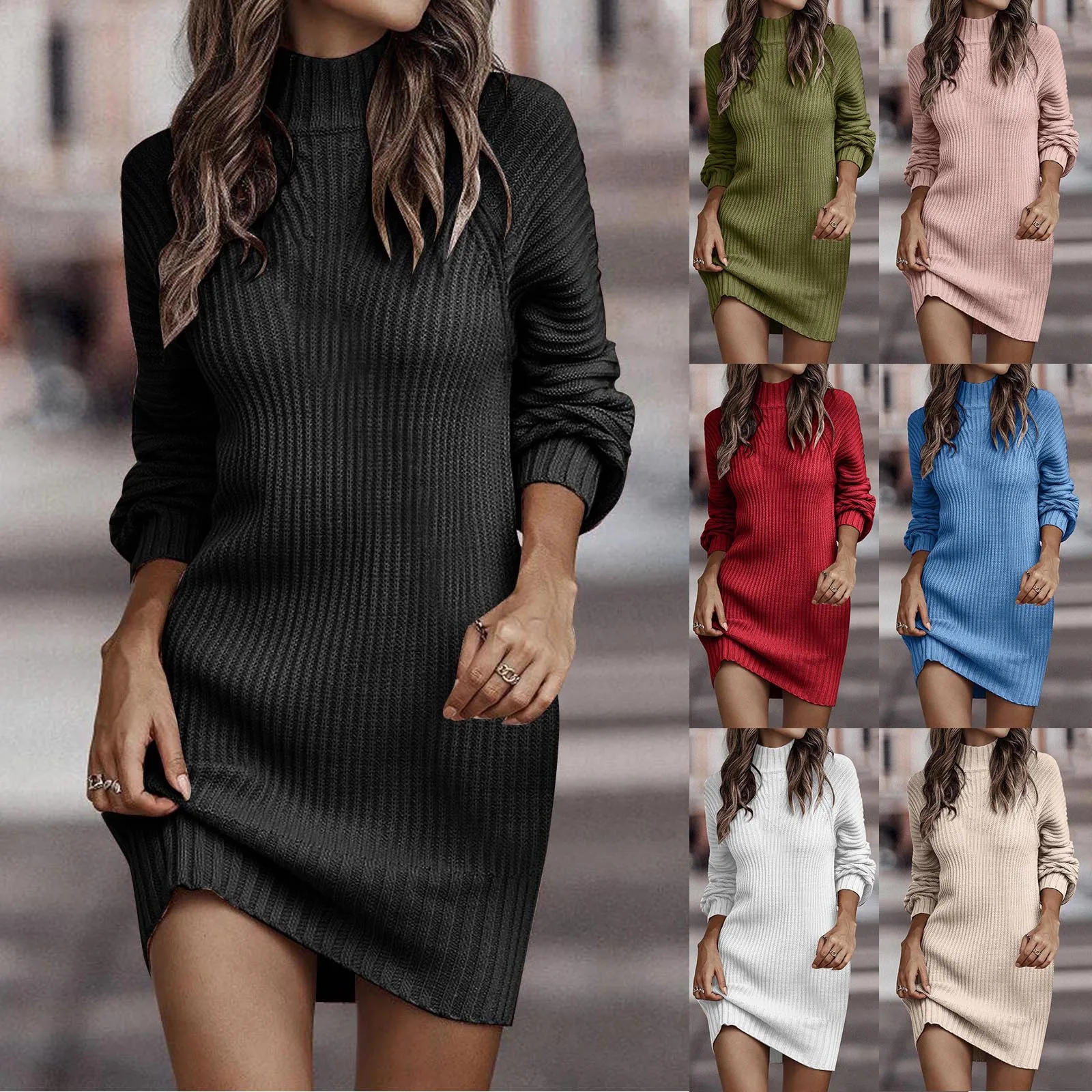 2024 Autumn and Winter Korean Fashion Women\'s Knitted Hip Skirt Elegant Warm Elastic Long Sleeve Knitted Sweater Long Dress