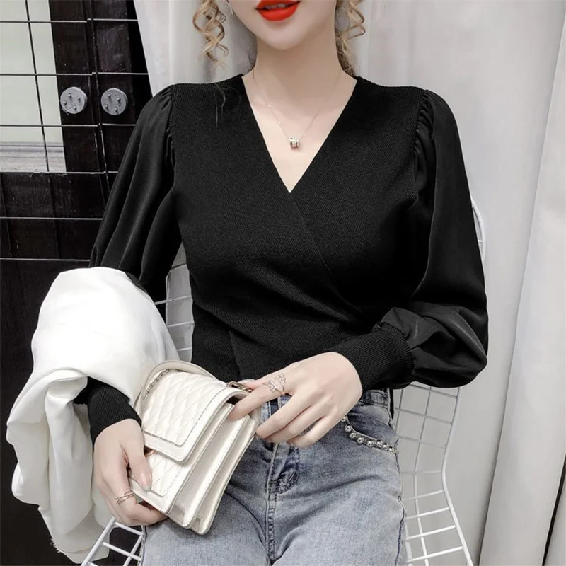 Elegante chique decote em v manga comprida retalhos malhas primavera outono coreano moda magro de malha blusas para mulher clothes2023