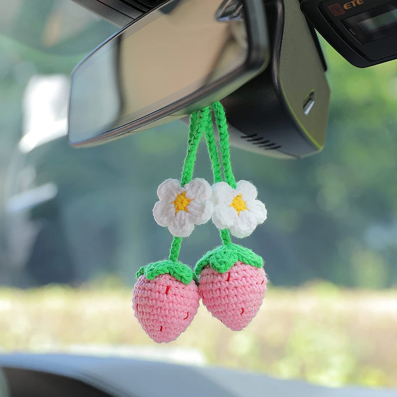 Handwoven Strawberry Flower 4 Colors Cotton Thread Car Hanger Creative Car Bag Home Decoration Small Flower Accessories