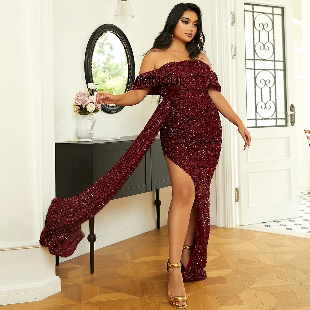 2025 Vestido de noche elegante de talla grande con lentejuelas brillantes de un solo hombro para Amazon Europa y América Comercio transfronterizo