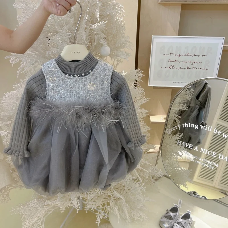 Girls' Dress with Fleece Lining, New Stylish High-End Design for Spring and AutumnmiuWholesale Princess Dress with Tie Back