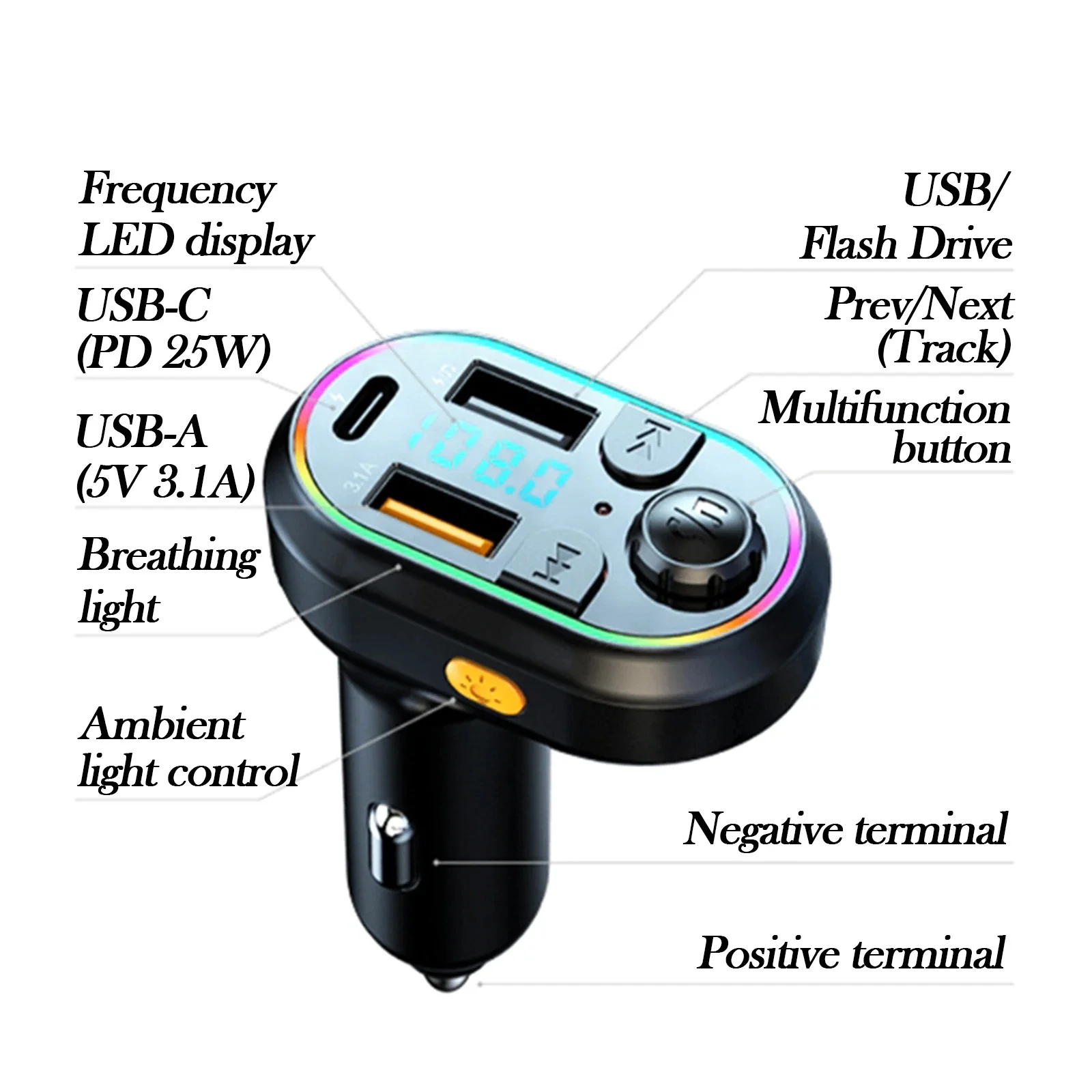 سيارة شحن سريع بلوتوث 5.0 FM الارسال استقبال الصوت اللاسلكي سيارة مشغل MP3 25 واط PD نوع-C ميناء كابل شحن #3