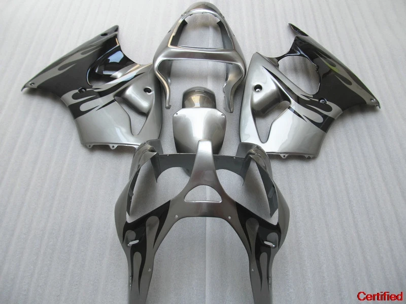 

Injection Fairing Kit For Kawasaki ZX 6R 2000-2002 Black Flames In Silver Aftermarket ZX-6R Zx6r 00 01 02 Fairings Set AA38