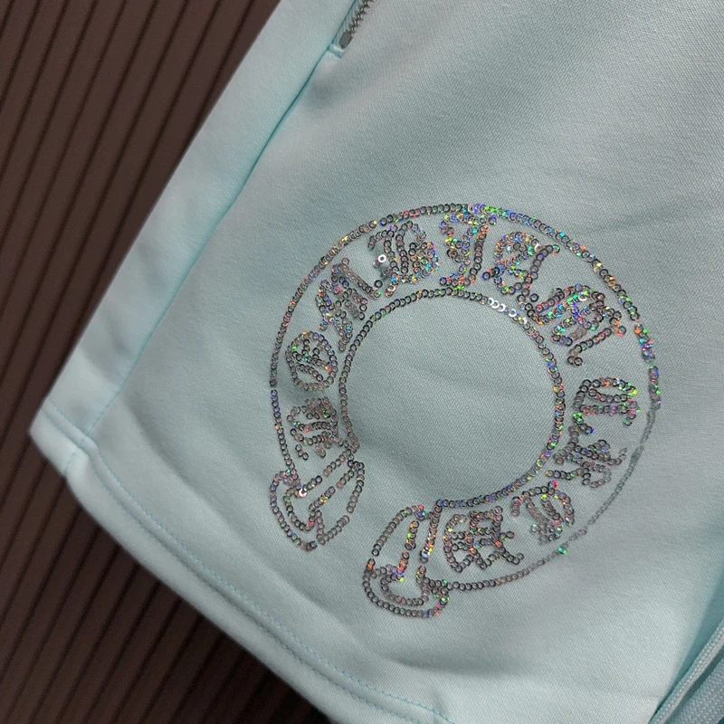 Colorful Bead Cross Sanskrit Patch Embroidery Short Pants Men Women  Zipper Pockets Drawstring Shorts Casual Baggy Shortpants