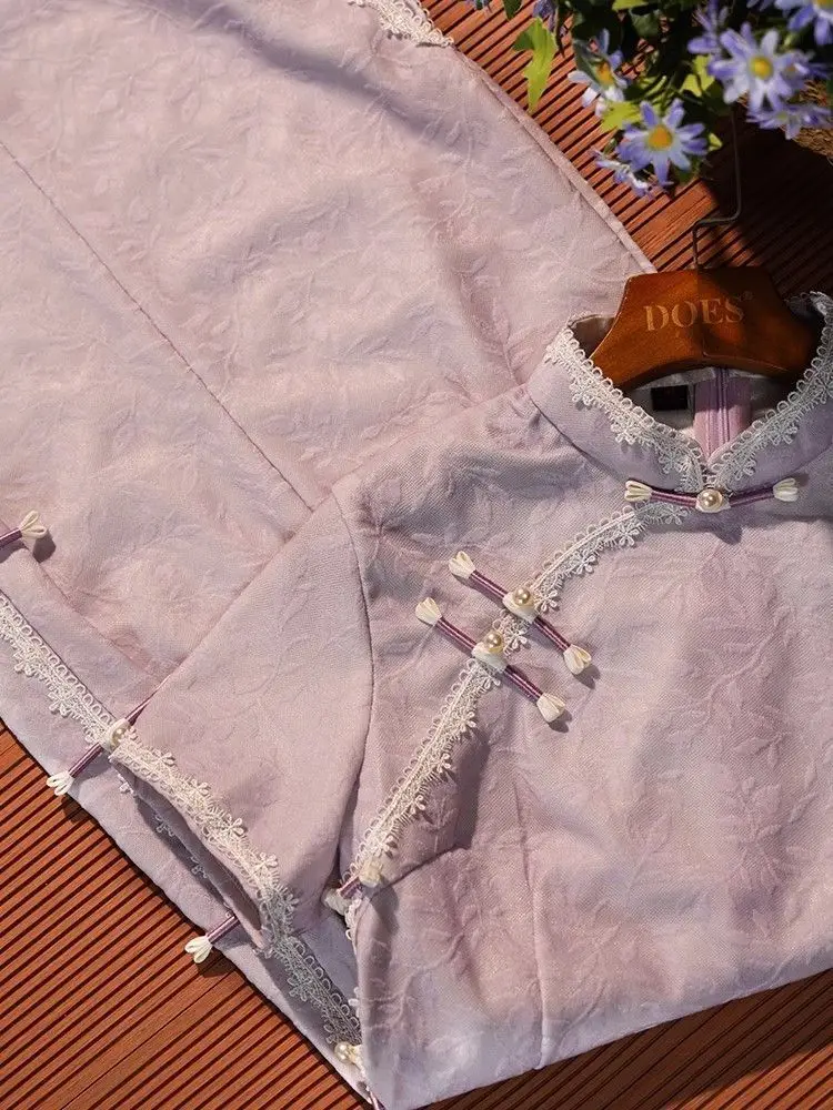 

Dress Cheongsam Summer Vintage Chinese style Young Purple Vestidos Retro Style New Chinese Style Daily Long Qipao Dress