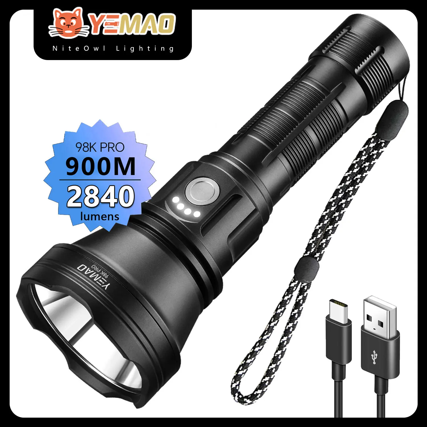 909 3.6v rechargeable lithium ion flashlight with aluminium housing YEMAO 98K 21700 battery Rechargeable Tactical Flashlight USB-C 2800Lm LED  Torch Buck Driver Throw 900M IP64 Waterproof