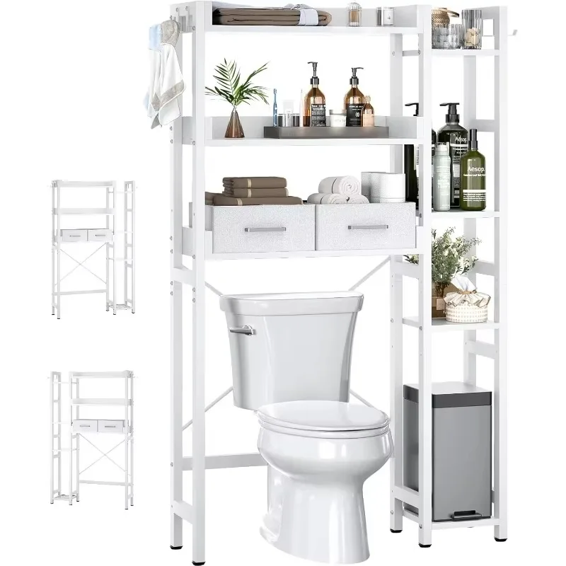 Over The Toilet Storage with 2 Drawers - 7 Tier Bathroom Organizer with Adjustable Shelf, Freestanding Space Saver Storage Rack