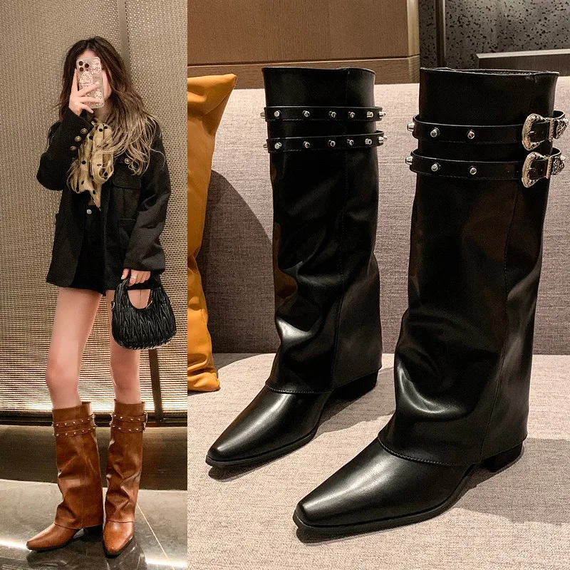 

American Style Spicy Girl Retro Rivet Knight Boots Slim Boots Pile Boots Long Boots Petite Women Boots Trouser Boots