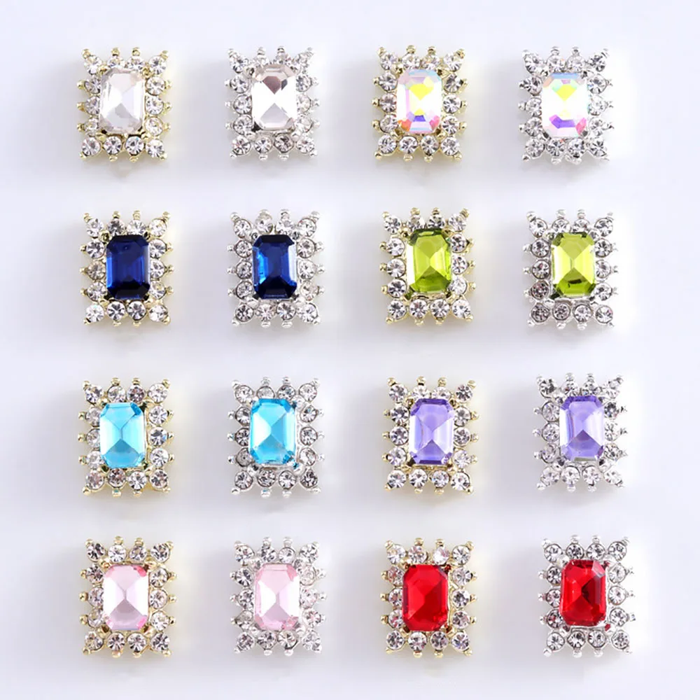 10PCS/Bag 3D Square Alloy Octagonal Gems Nail Art Charms Gold/Silver Rhinestone Flatback Crystal Colorful Diamond Decorations