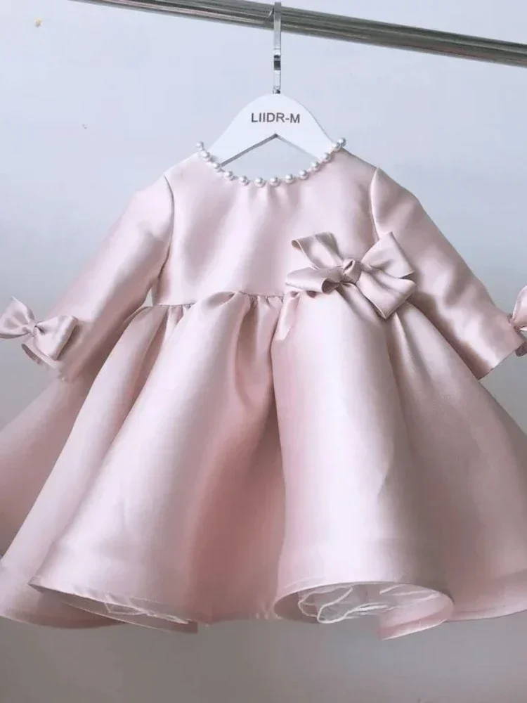 Robe princesse en soie perlée pour bébé fille, vêtements de fête, de concours, d'anniversaire, avec nœud, Costumes Vintage pour nourrissons de 1 à 7 ans, manches longues