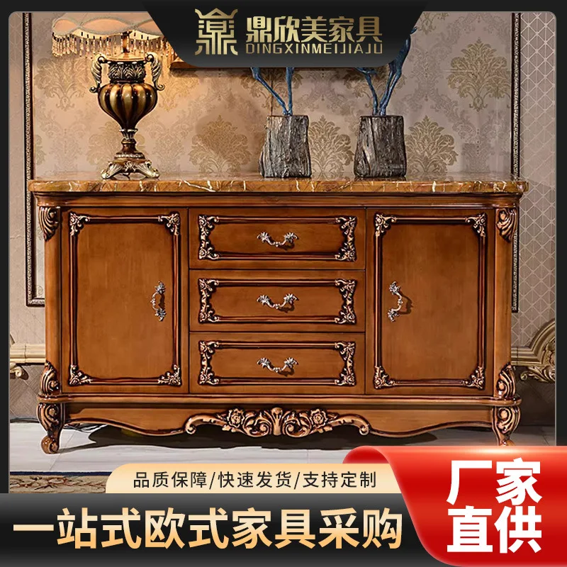 European solid wood carving flower dining side cabinet marble countertop living room entrance tea cabinet retro color storage ca