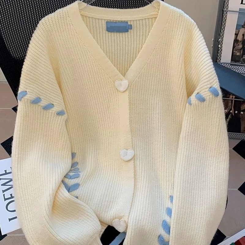 Nice Autumn Winter New Sweet Buttons Knitting Cardigan Women Clothes Casual Loose Bright Line Decoration Long Sleeve Sweater Coa
