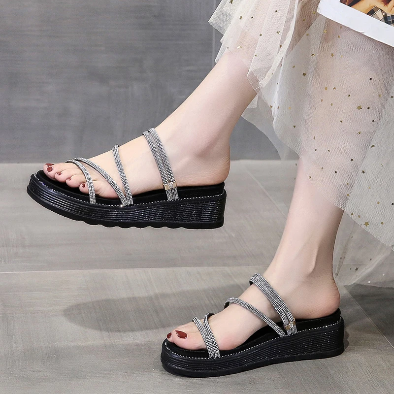 2022 Summer New Women\'s Shoes Shiny Rhinestone Thin Belt Classic Open Toe Comfortable Simple Fashion Solid Color Women\'s Sandals