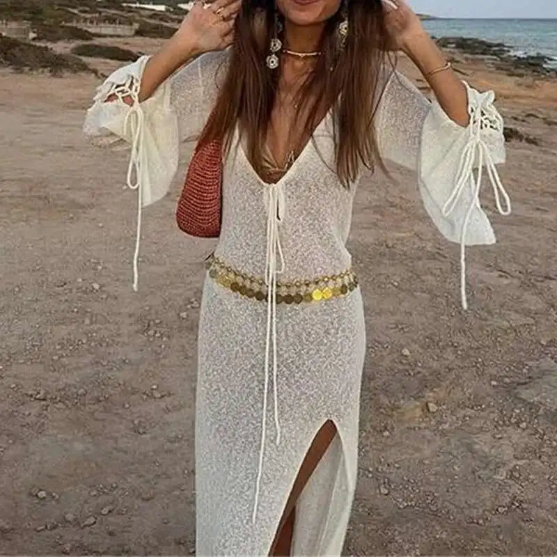 หญิง Holiday Beach COVER UP ชุดลําลองถัก V คอ Slim Maxi ชุดว่ายน้ําผู้หญิงเซ็กซี่มุมมองแขนยาว Robe ชุด