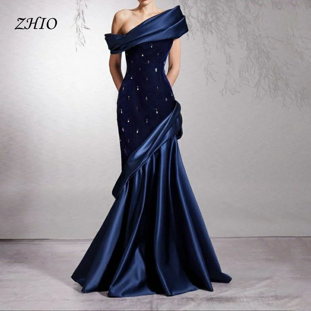 

ZHIO Classic Saudi Elegant Navy Blue Crepe Evening Dresses Beads Mermaid Party Gowns Vestidos de noche Prom Dress for Women