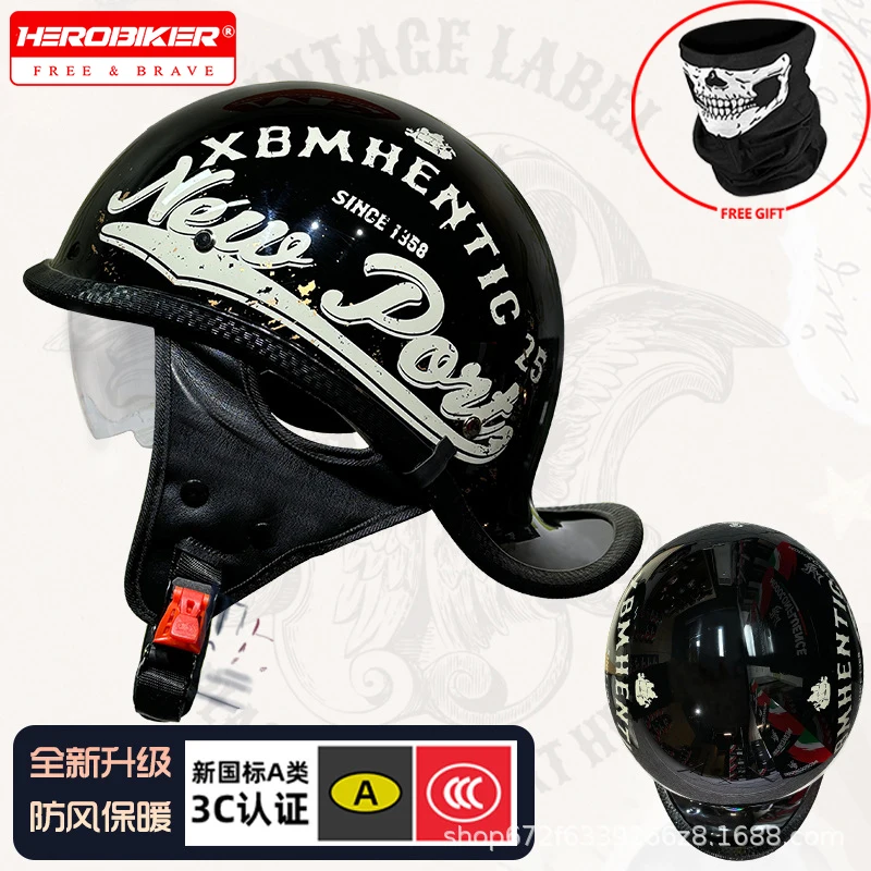 

Retro Motorcycle Helmets for Men Women Vintage Motorbike Half Helmet Built-in Lens Winter Warm Electric Bike Safety Cap