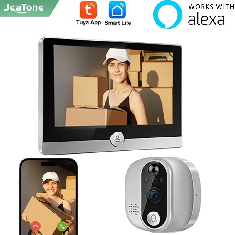 Jeatone-timbre con mirilla y vídeo LCD para el hogar, dispositivo inalámbrico con cámara de 4,3 pulgadas, Wifi 1080P, movimiento PIR, compatible con Alexa, Tuya