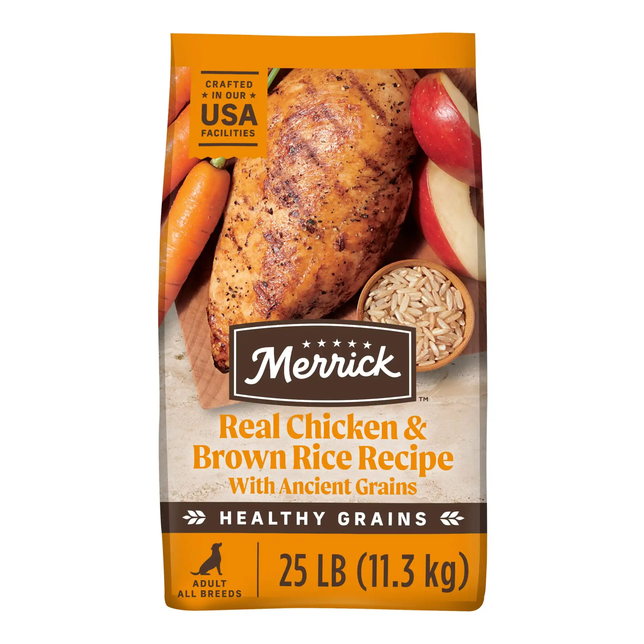 Real chicken and brown rice dry dog food with whole grains in 25 lb bag