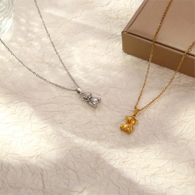 ANENJERY L316 Stainless Steel Rabbit Elephant Bear Pendant Necklace for Women Simple Clavicle Chain Jewelry Accessory