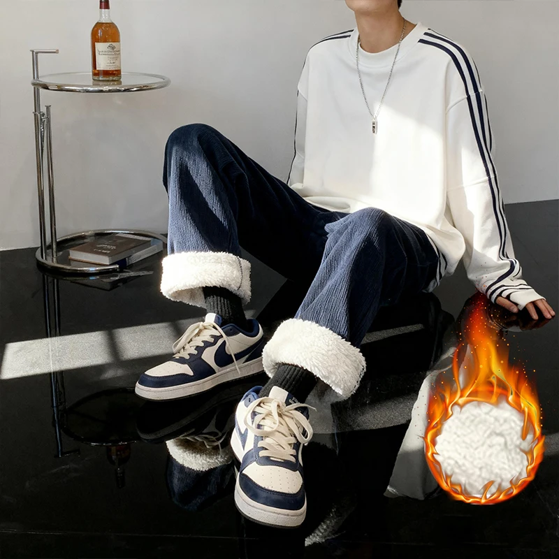 Thick Lamb Fleece Men's Pants Winter Loose Korean Street Baggy Warm Premium Velvet Trousers Straight Leg Wide Leg Wool Hot Pants