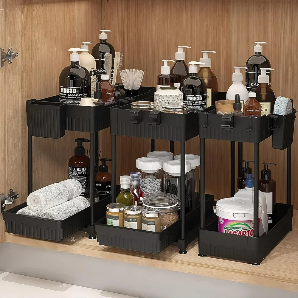 

3 Sets of Under Sink Organizers, 2-Tier Multi-Use Kitchen and Bathroom and Storage with Sliding Drawers, Bathroom Organizer