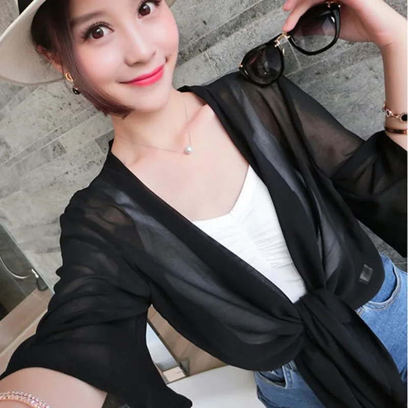 Korean Style Chiffon Sun Protection Clothing Fashion Women Black And White Shawl Jacket Beach Cover Up Lightweight Breathable Su