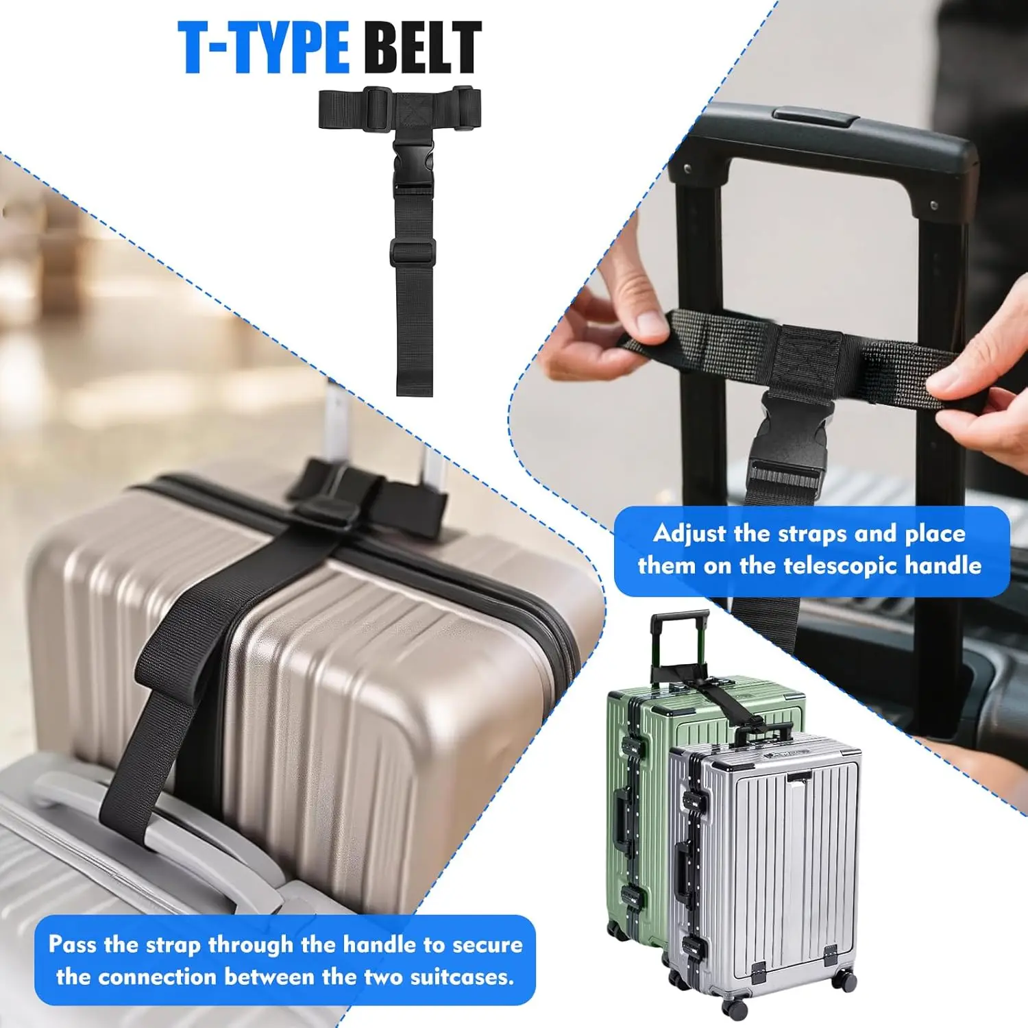 2 Pack Luggage Straps Adjustable T-Type and Normal Suitcase Straps for Suitcases Luggage Straps to Connect Two Suitcases 