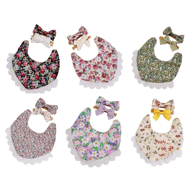 Lovely Baby Headband & Saliva Towel Set Floral Print Bibs & Headband Combo Single Side Newborn Bibs for Boys & Girls