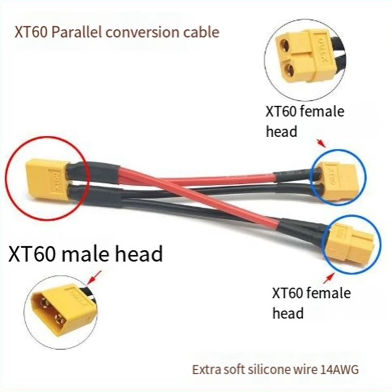 Conector de batería paralelo XT60, Cable de 1 macho a 2 hembra, extensión Dual, divisor Y, Cable de silicona de 14AWG para batería RC duradera