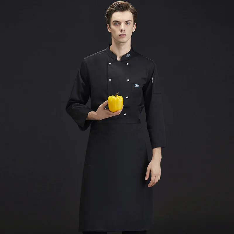 C415 Men Chef Jacket Apron Black and White Chef Outfit Restaurant Kitchen Cook Waiter Waitress Uniform Bakery Bar Cafe Clothes