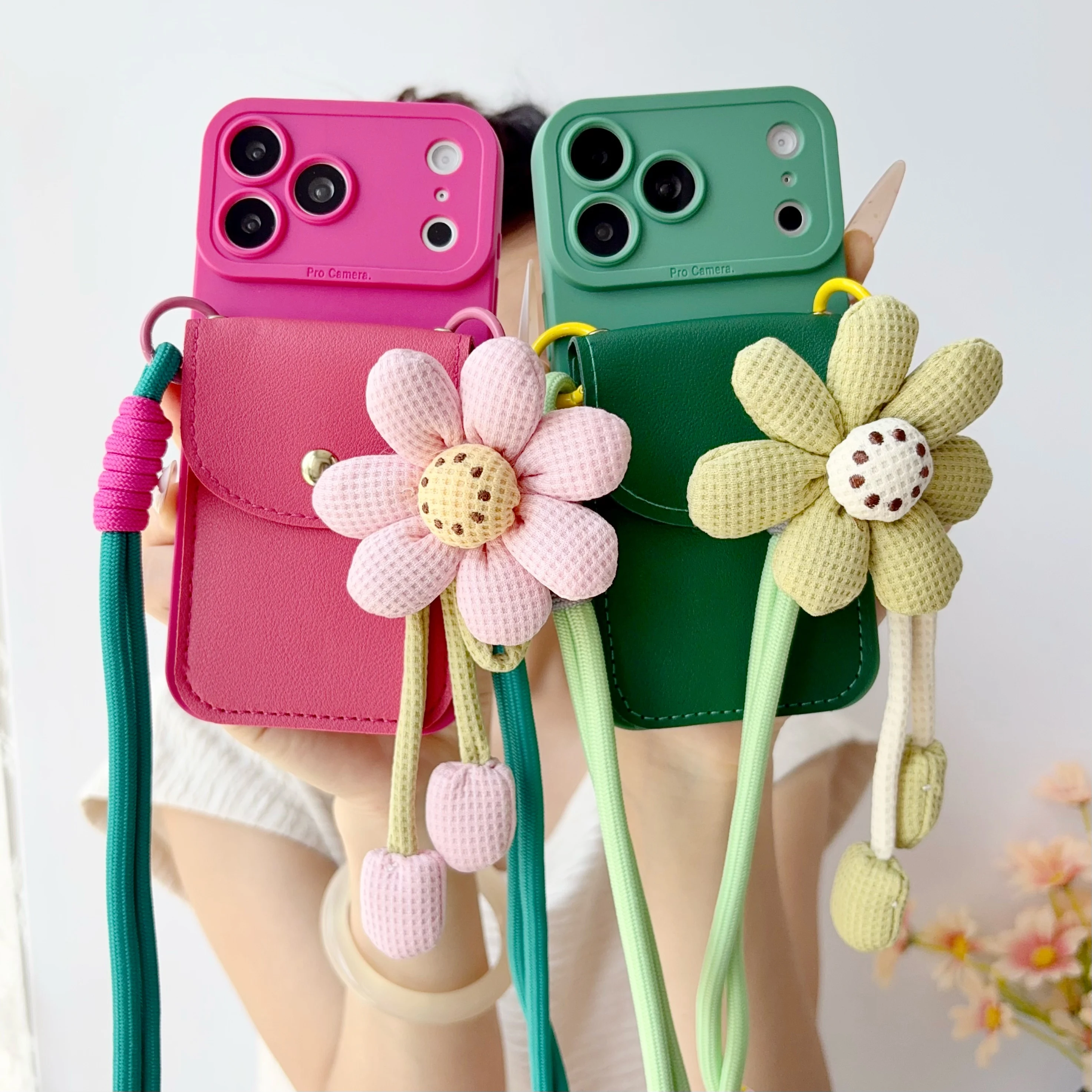 Card Bag Phone Case For iPhone 17 16 15 14 Plus 13 12 11 Pro Max Air 17ProMax 16Pro With 3D Sun flower Crossbody Lanyard Cover view 4