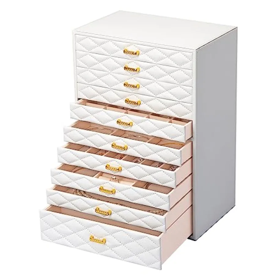 Extra Large Jewelry Box Organizer with 10 Drawers - Premium Faux Leather Storage Case and Velvet Lining Modern Scandinavian Des