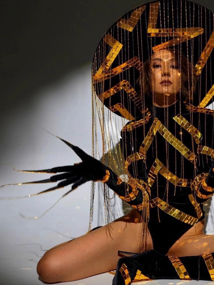 Gogo Golden Lens Nightclub Sexy Performance Costume Hat Suit Bar Female Costumes Stage DJ Clothing Cosplay Festival Suit