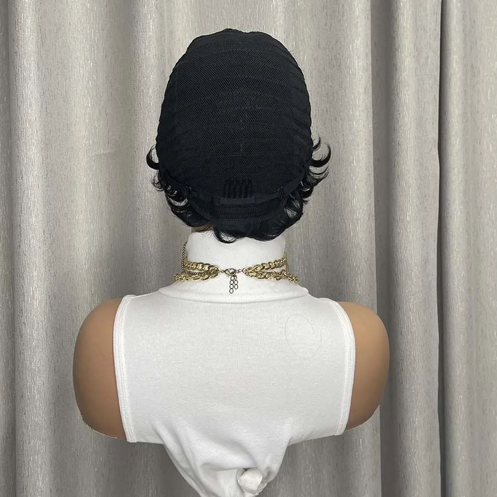 شعر مستعار بقص عابث من شعر بشري، باروكات بيكسي للنساء ذوات البشرة السمراء، باروكات قصيرة مصنوعة آليًا بالكامل، شعر مستعار أسود طبيعي