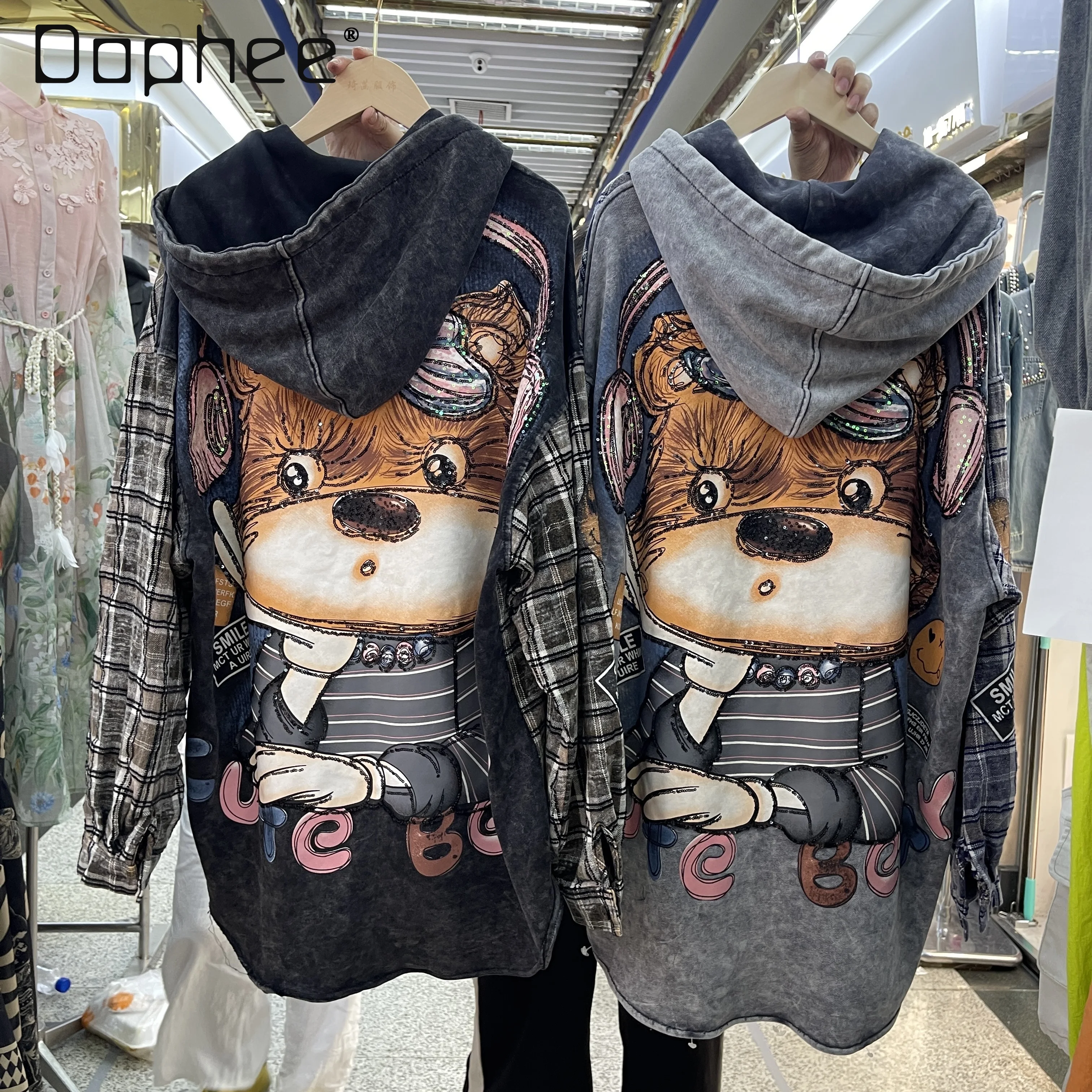 

Женская куртка с пайетками в европейском стиле, осень 2023, новая свободная рубашка средней длины в большой клетку с длинными рукавами и рисунком для женщин