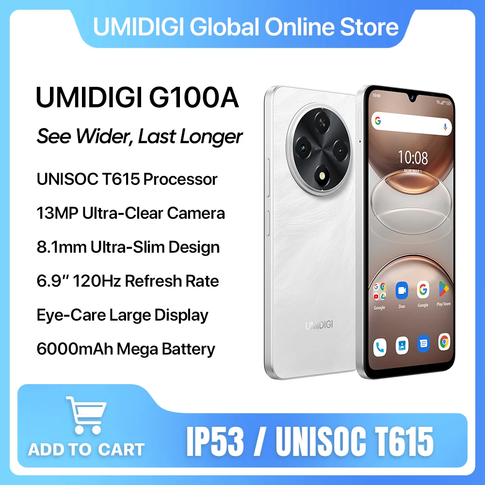 UMIDIGI G100A Smartphone Android 14,4GB RAM,128GB ROM,UNISOC T615,6.9” 120Hz Eye-Care Display,6000mAh,IP53 Splashproof Celular