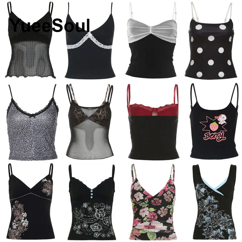 

Black Crop Tops Printed Sleeveless Slim Sexy Camis 2026 Fashion New Y2K Harajuku High Street Casual Tank Top Woman Clothes