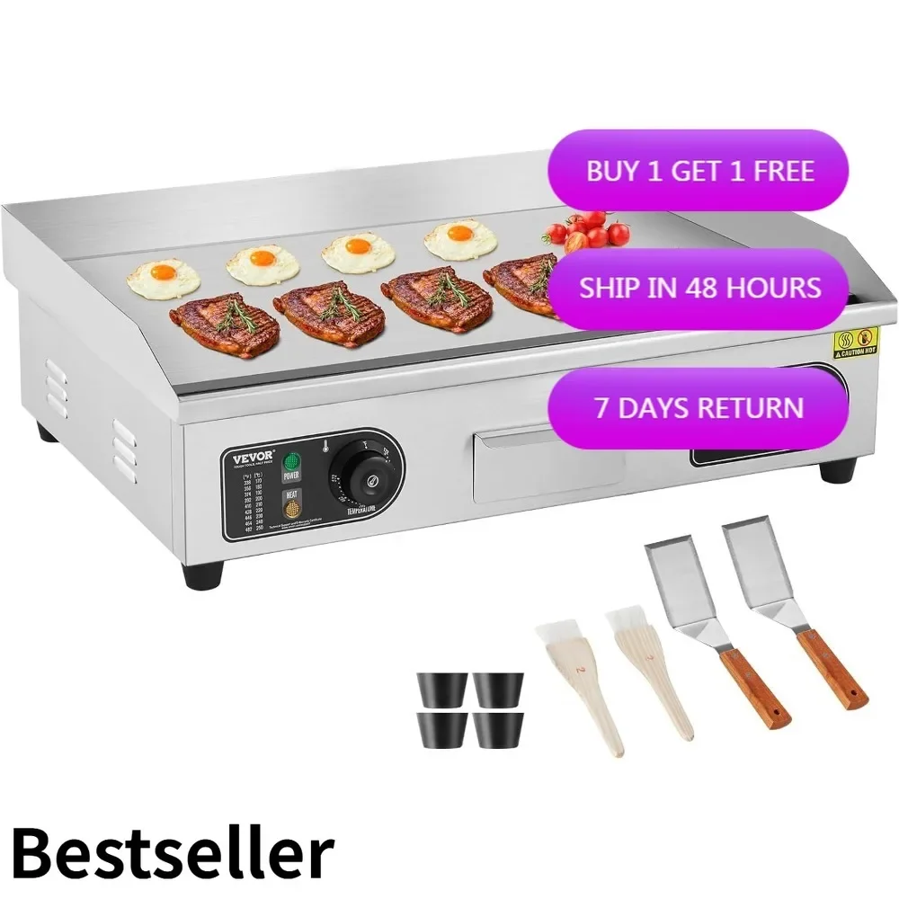 

Stainless Steel VEVOR Electric Flat Top Grill, 2800W Countertop Griddle with 26 Cooking Surface and 2 Shovels
