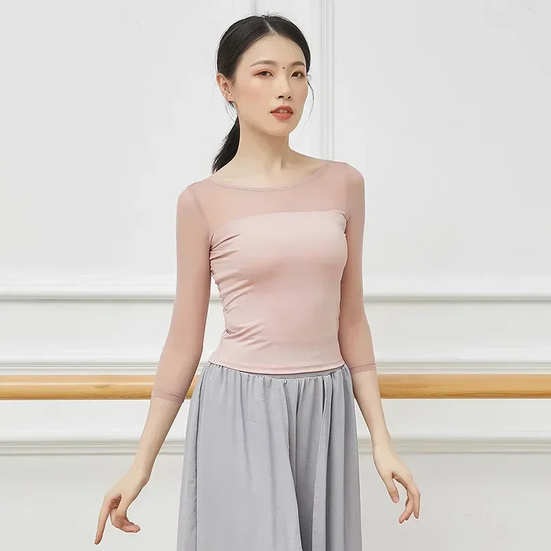 Adult Sexy Back Deep V Belly Ballet Dance Transparent Mesh Top Costume for Women Dancing Clothes Dancer Wear Clothing