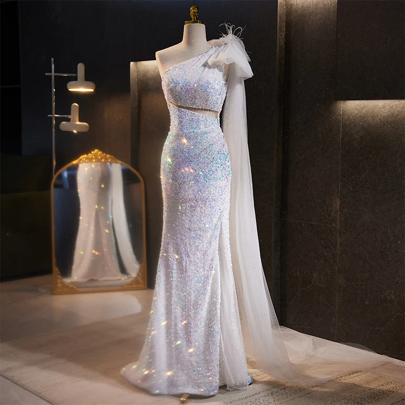 

Evening Dress Sequins Mermaid Sleeveless Floor-Length White One-Shoulder Zipper Back Elegant Party Formal Dresses Woman B2725