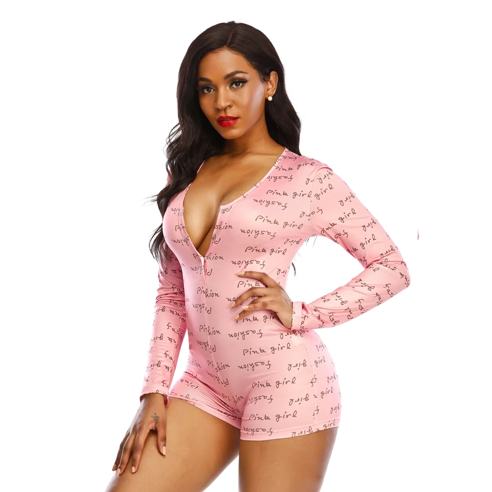 

Womens Playsuit Sexy Pajama with Butt Flap Valentines Day Overalls Jumpsuit Long Sleeve V Neck Women Bodycon Romper Sleepwear