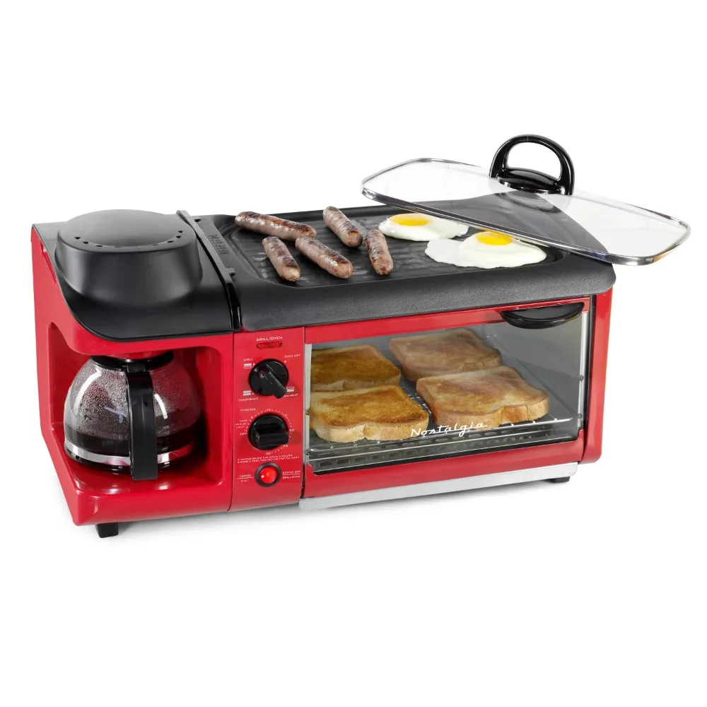 

Electric Oven, Retro 3-in-1 Family Size Electric Breakfast Station, Coffeemaker, Griddle, Toaster Oven - Red Mini Oven