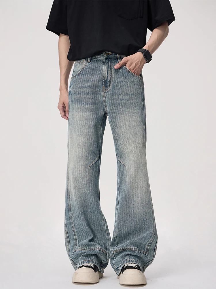 

KSTUN Men High Quality Vintage Striped Jacquard Flare Jeans Men American High Street Loose Fit Patchwork Male Bootcut Jeans