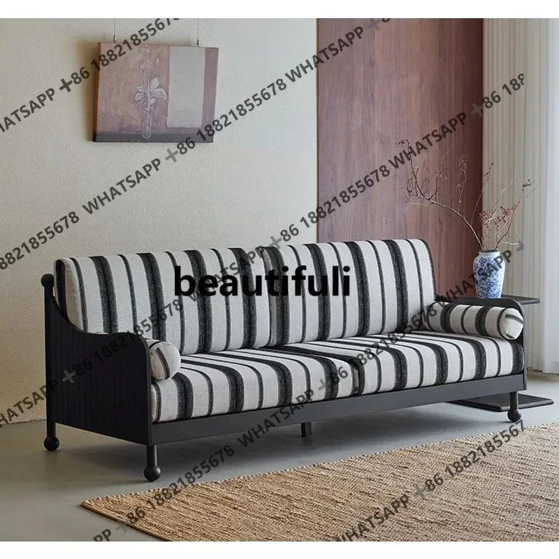 Retro schwarzes mittelalterliches High-End-Sofa aus massivem Holz und Stoff für das Wohnzimmer, dreisitzig, gerade Reihe, aus Baumwolle und Leinen, abnehmbar