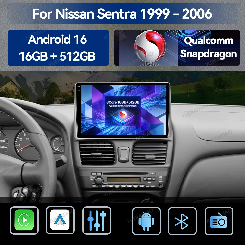 Android 16 Car Radio For Nissan Sentra 5 B15 1999 - 2006 Head Unit Multimedia Stereo Viedo Player 4G WIFI Carplay Auto QLED 2DIN